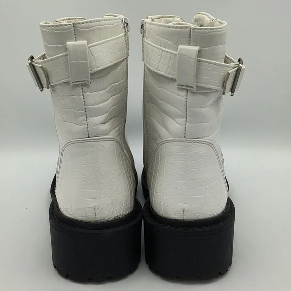 White Croc Embossed Combat Boots - Picture 3 of 7